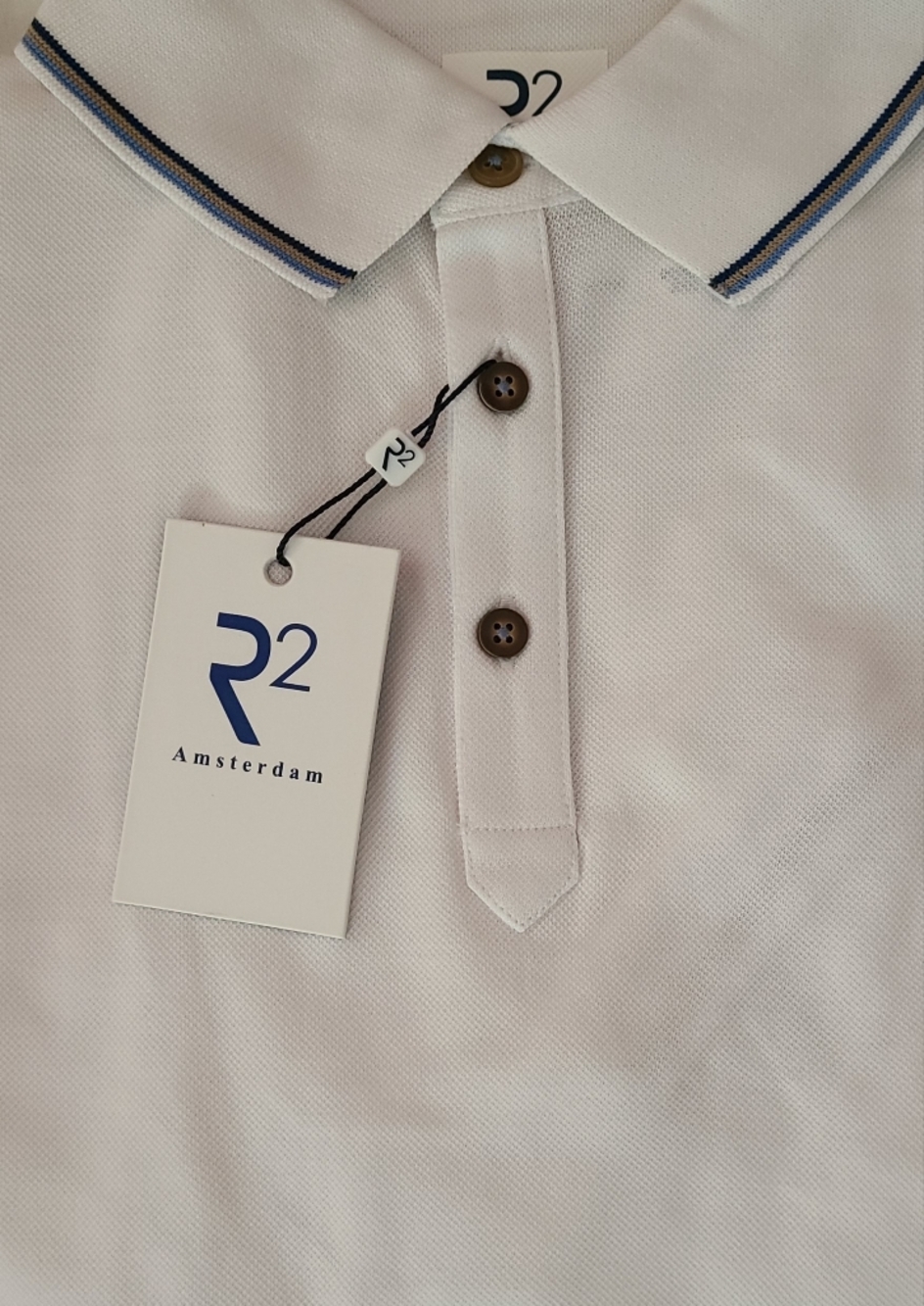 R2 Amsterdam Men's Polo in Light Beige with Navy Trim